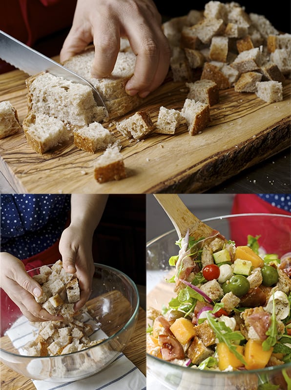 Panzanella Melon Salad _dicing bread-~ Yes, more please!