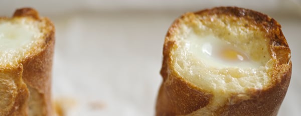 Baked eggs in Baguette + Smoked Gouda Sauce - a.k.a “Bageggs” close up ~ Yes, more please!