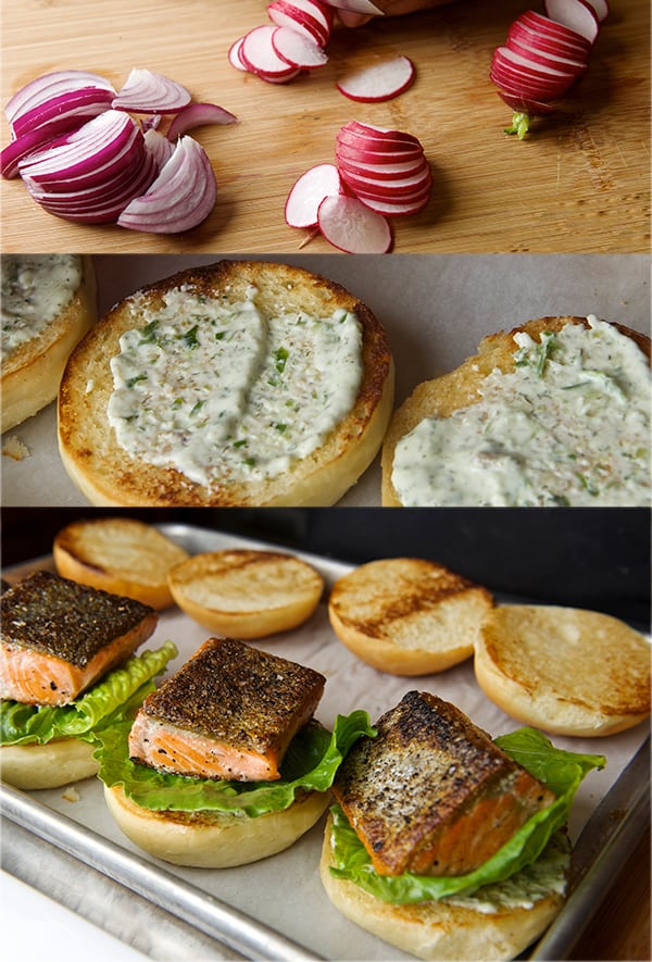 Salmon Sliders with yogurt-cucumber-dill sauce_building your salmon slider