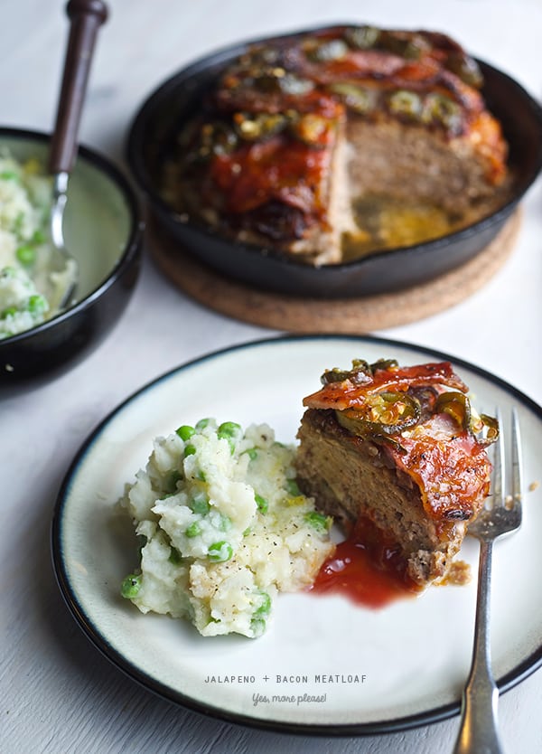Jalapeno-Bacon-Meatloaf_with-a-side-of-lemon-potatoe-peas-smashed-dinner-is-served_Yes,-more-please!