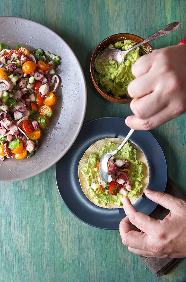 Octopus-Ceviche-de-Pulpo_Making-the-tostadas-with-smashed-avocado