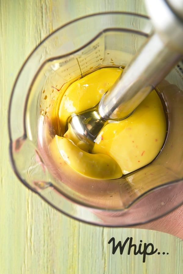 Saffron-Garlic-Aioli_making-the-aioli-using-a-immersion-blender_Yes,-more-please!